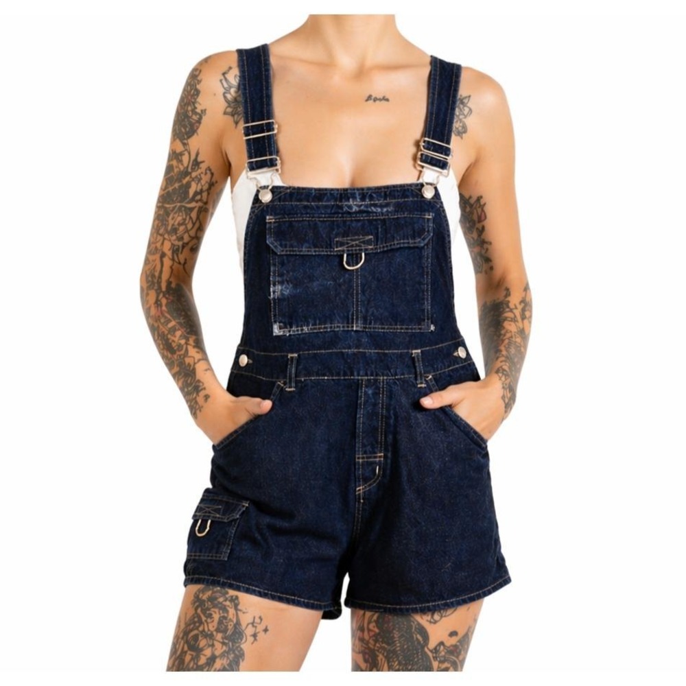 Y2K Cargo Shortalls Womens L Dark Wash Denim Utility Bibs Dungarees Overalls